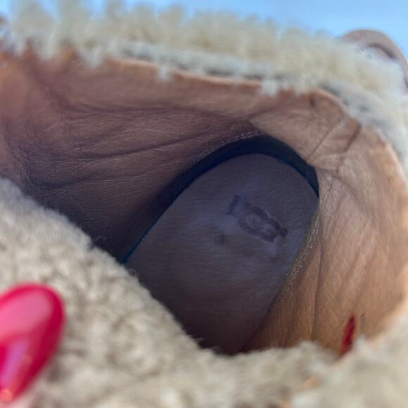 UGG Analise Suede Shearling High Heeled Booties Ankle Boots Tan 9.5 - Picture 9 of 9